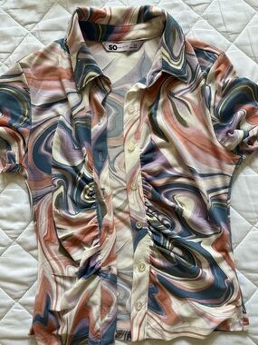 SO Marble-Print Short Sleeve Button Down Top - Pastel Pink & Blue